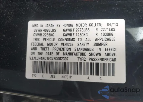 2014 Acura Rlx from USA, damaged, VIN JH4KC1F37EC002307